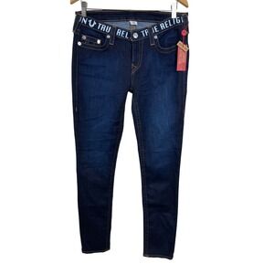 True Religion Skinny Jeans Women 32 Blue Logo Waistband Super Stretch Denim PF17